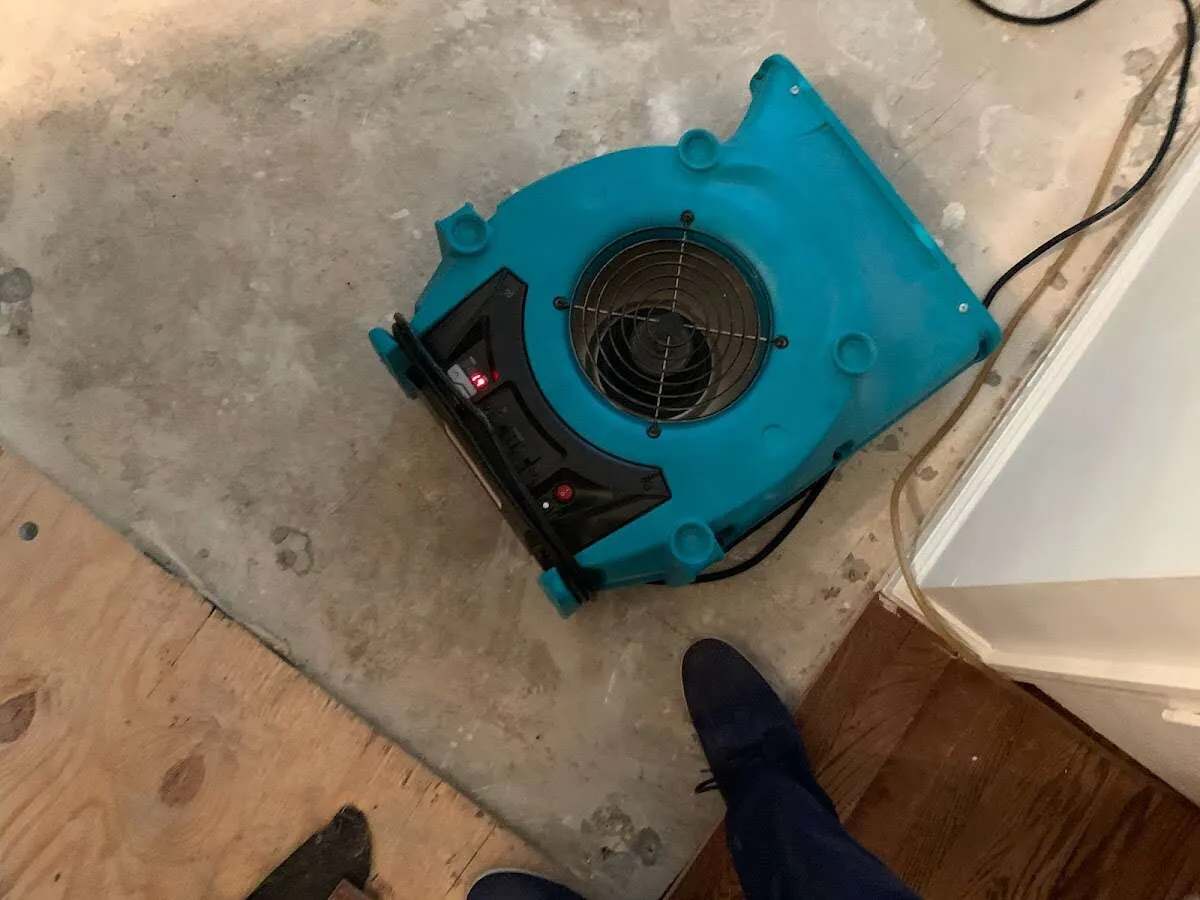 Air mover drying subfloor during Leak Detection & Repair in Calcutta